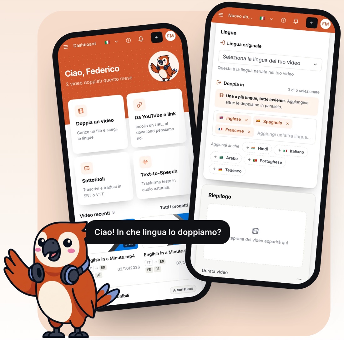 L'app NovaDub: dashboard e scelta delle lingue per il doppiaggio