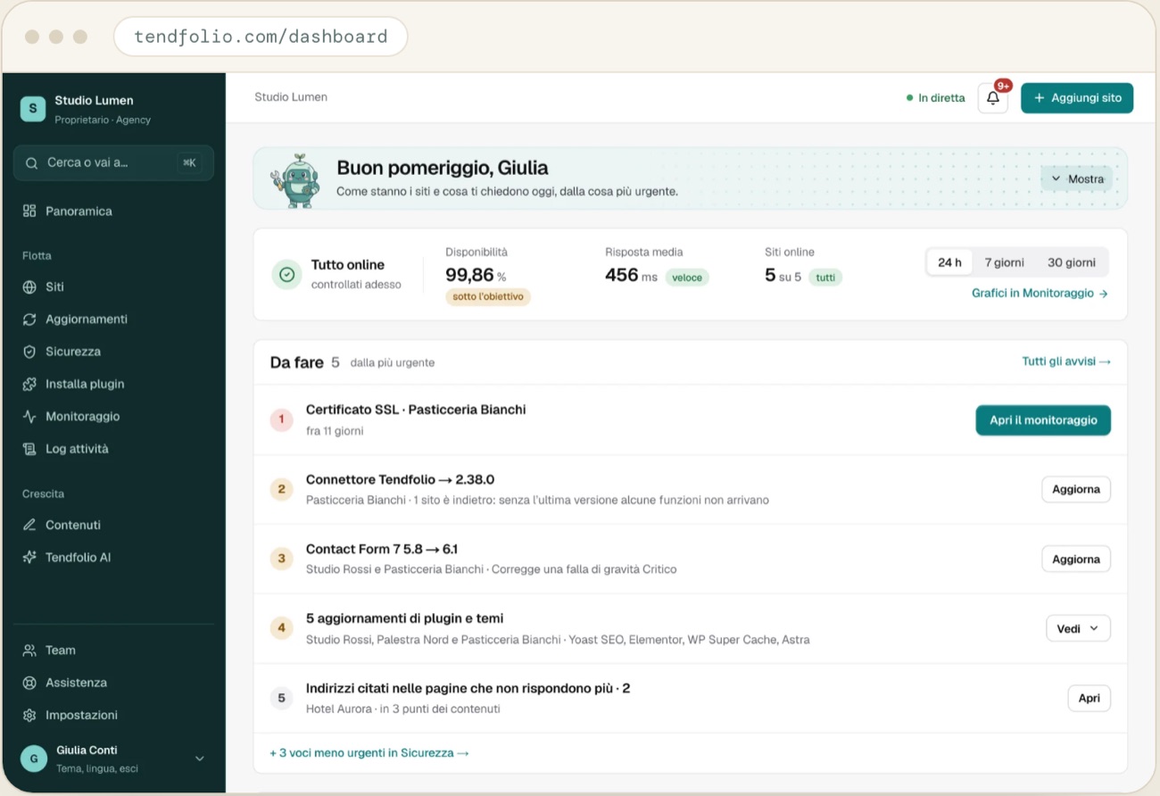 La dashboard di Tendfolio con lo stato dei siti e le attività da fare